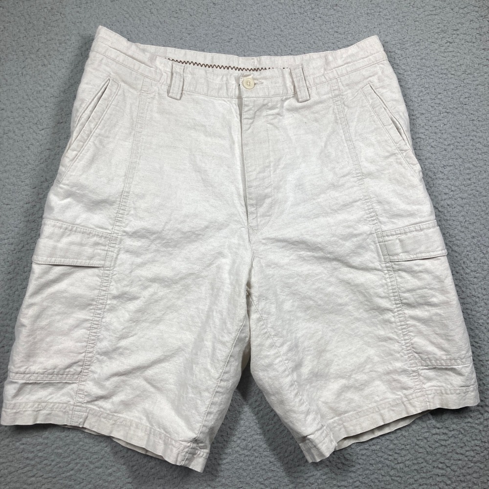 Cubavera Cargo Shorts Men 32 Beige Linen Cotton Blend Pineapple Logo 9 in Inseam